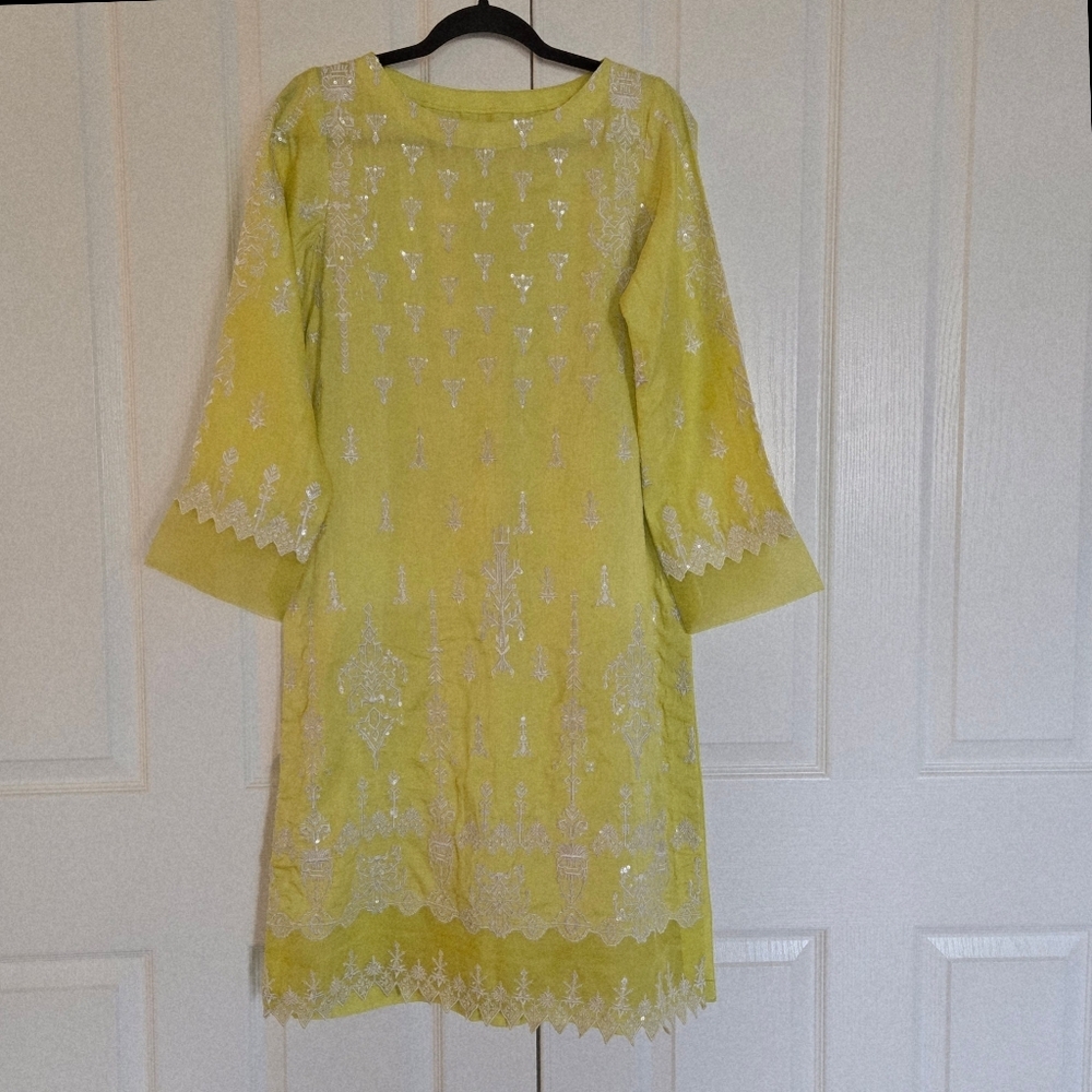 Embroidered Lime Yellow Top Shirt Long Kurti Cotton Silk Organza Size S/M